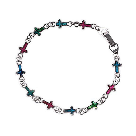Cross Chain Pendant Bracelet Multi-colored Shell Abalone Inlay - Christian Crucifix w/ Gift Box