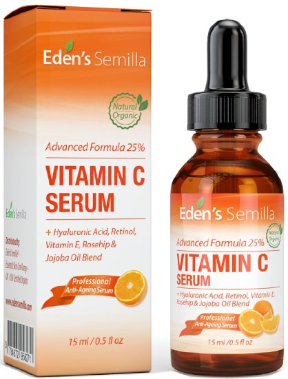 25% VITAMIN C SERUM 15ml - A POWERFUL ADVANCED FORMULA - Hyaluronic Acid, Retinol, Vitamin E and Rosehip & Jojoba Oil Blend. Best anti-ageing serum for the face - promotes the skin's natural defences, replaces lost moisture and dramatically reduces fine lines and wrinkles. A natural blend of clinically proven ingredients. Firmer, softer healthier looking skin...