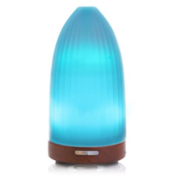 BESTEK Glass Essential Oil Diffuser,100ml Portable Aromatherapy Diffuser,Ultrasonic Cool Mist Humidifier with 7 Color LED Changing Lights, (Real Wood Base, Waterless Auto Shut-off )