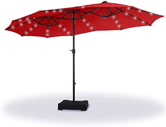 Sophia & William 15ft Patio Umbrella with Lights (Base Included) Extra Large Outdoor Twin Umbrella, Red