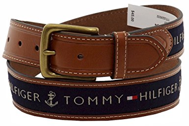 Tommy Hilfiger Men's Leather Casual Belt with Fabric Inlay, 44, Navy