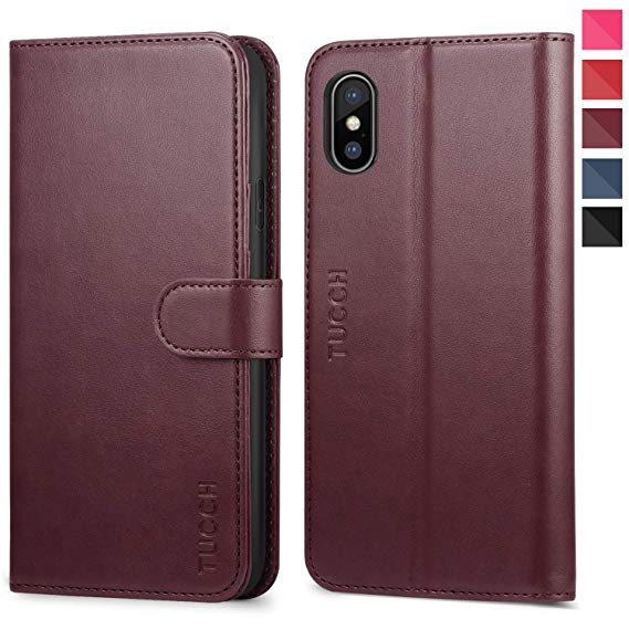iPhone Xs Case, iPhone Xs Wallet Case, TUCCH PU Leather Flip Folio Slim Case [RFID Blocking] [Wireless Charging] [Kickstand] Credit Card Slots[Auto Wake/Sleep] for iPhone Xs(5.8 inch) - Wine Red