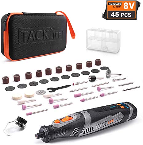 TACKLIFE Cordless Rotary Tool 8V Power 2.0 Ah Li-ion Battery with 42 Accessories and Shield Attachment, Long Endurance Power- Perfect for Sanding, Grinding, Cutting and Engraving -RTD02DC