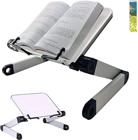Book Stand Adjustable Height and Angle Ergonomic Book Holder with Page Paper Clips for Big Heavy Textbooks Music Books Tablet Cook Recipe Durable Lightweight Aluminum Book Holder Collapsible