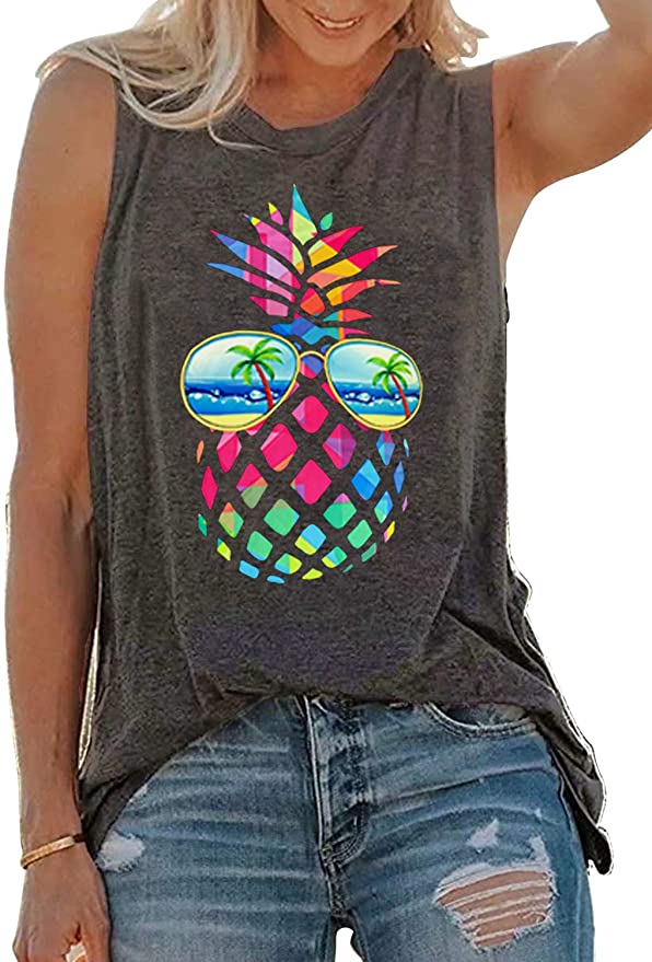 Vintage Colorful Pineapple Sunglasses Beach Tank Tops for Women Funny Graphic Vest Casual Summer Sleeveless Tee Shirts