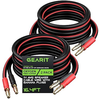 GearIT 14 AWG Speaker Cable Wire with Banana Plugs (2 Pack, 16.4 Feet - 5 Meter) 14Ga Gauge Banana Wire for Bi-Wire Bi-Amp HiFi Surround Sound - 99.9% OFC Copper, Gold Plated Tips - Black, 16.4 Ft