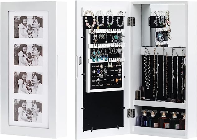 Bonnlo Jewelry Armoire with Photo Frame, 23.62 x 11.81 x 3.55 inch, Small Storage Jewelry Cabinet Organizer, Wall Mount (white)