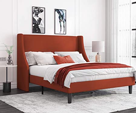 Allewie Full Size Modern Platform Bed Frame with Wingback/Upholstered Bed Frame with Headboard/Wood Slat Support/Mattress Foundation/Burnt Orange(Full)