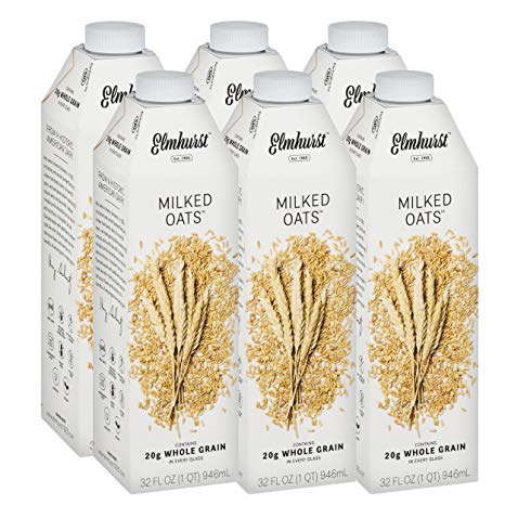 Elmhurst Milked - Oat Milk - 32 Fluid Ounces (Pack of 6). Only 5 Ingredients, 20g Whole Grain, Non Dairy, No Added Gums or Emulsifiers, Vegan