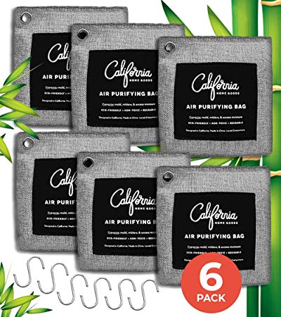 Bamboo Charcoal Air Purifying Bags 6-Pack Bundle, 200g Activated Charcoal Odor Absorber Bags w/Hooks, Odor Eliminators for Home, Car Air Freshener Charcoal Bags Odor Absorber, Musty Car Freshener