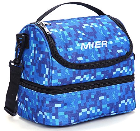 MIER Double Decker Insulated Lunch Box Soft Cooler Bag Thermal Lunch Tote with Shoulder Strap (Blue)