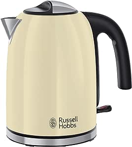 Russell Hobbs Hervidor de Agua Eléctrico Colours Plus - 1,7 litros, 2400 W, Filtro Extraíble, Zona de Ebullición Rápida, Base de 360°, Indicador del Nivel de Agua, Acero Inoxidable, Crema - 20415-70