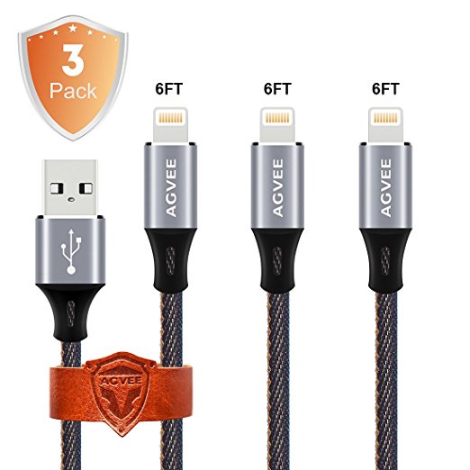 End Tip Bear 20kg Shear Force, 4A Current Heavy Duty 3 Pack 2m 6ft Lightning Cable Set Ties, Agvee Gloss Gray Metal, Braided Durable Fast Cord Charger USB Sync Car Charging for iPhone 5 6 7 8 X iOS11