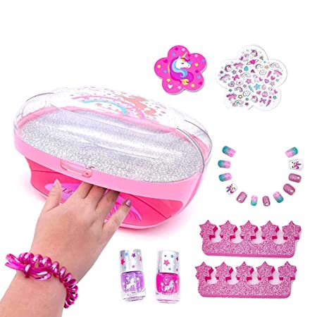 Kids Nail Polish Set for Girls with Dryer - Unicorn Manicure Kit with Scented Press-On Nails Stickers Art Non-Toxic Safe Glitter Peel off Nail Polishes File for Little Girls Tweens