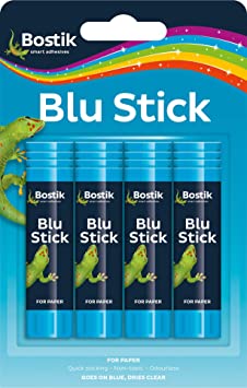 Bostik Blu Stick Glue Sticks, Goes on Blue, Dries Clear, Solvent Free, Washable, 4 x 8g sticks