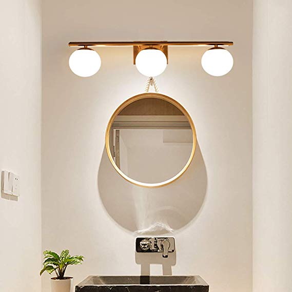 YHTlaeh New Bathroom Vanity Light Fixtures 3 Lights Brushed Bronze Milk White Globe Glass Shade Modern Wall Bar Sconce Over Mirror