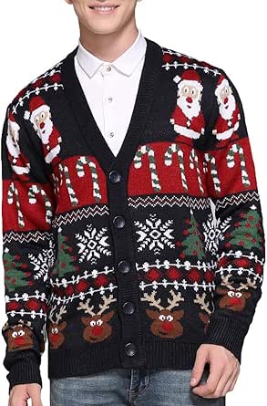 Men's Christmas Rudolph Reindeer Holiday Festive Knitted Sweater Cardigan Cute Ugly Pullover Jumper