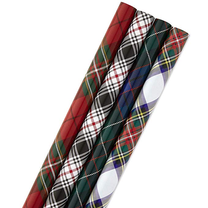 Hallmark Christmas Wrapping Paper Bundle with Cut Lines on Reverse, Plaid (Pack of 4, 120 sq. ft. ttl) Red and Black, Green and Blue
