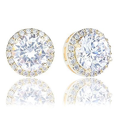 18k Gold Plated Cubic Zirconia Round Halo Stud Earrings (3.45 carats)