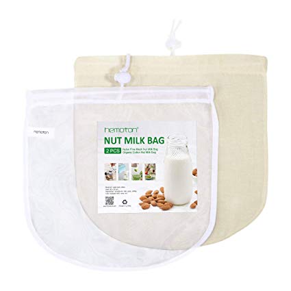 Hemoton 2 Pack Fine Nut Milk Bags Food Grade Reusable Mesh Nylon Organic Cotton Filter Bag for Almond/Soy Milk Fruit Juice, Tea and Cold Brew Coffee 12"X12"