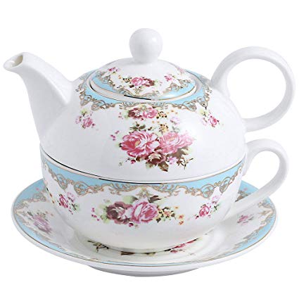 Malacasa Tea For One Porcelain Teapot 11 oz and Cup Set, 6.7 inch Teapot with Lid 5.5 inch cup 8.4 oz and 6 inch Saucer, Blue - Series Sweet Time