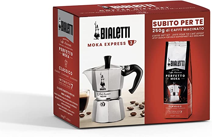 Bialetti Moka Express Coffee Maker 3 Cups, plus a pack of 250 g of Perfect Moka Classico Bialetti, Not suitable for induction, 3 Cups (130 ml), Aluminium