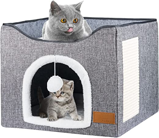 Cat Bed for Indoor Cats, Cat House with Durable Scratching Board and Dangling Toy Ball, Foldable Cat Condo with Reversible Cushions and Large Opening (Grey)