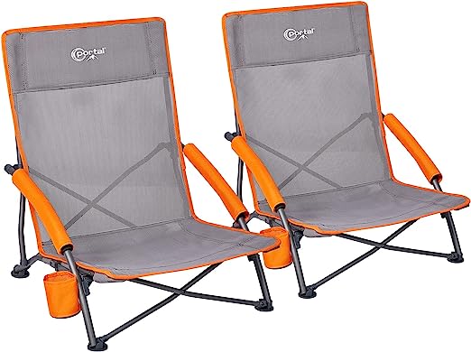 Portal Folding Beach Chair Low Lightweight 2 PCs Portable for Adults Foldable Beach Seat Camping Festival Picnic Deck Chair Outdoor Collapsible with Cupholder Mesh Back Padded Armrests Supports 100KG