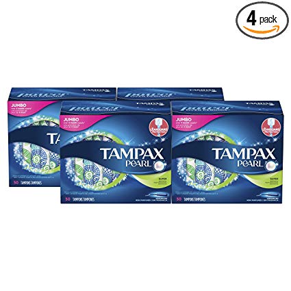 Tampax Pearl Tampons with Plastic Applicator, Super Absorbency, Unscented, 50 Count-Pack of 4 (200 Count Total)