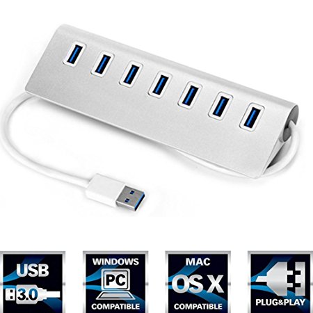 Premium 7 Port Portable Aluminum USB 3.0 Hub with 20" cable for iMac, MacBook, MacBook Pro, MacBook Air, Mac Mini, or any PC