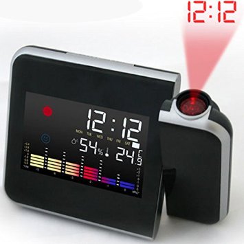 Pixnor 180 Degree Projection Alarm Clock Snooze Colourful Screen LED Backlight Date Temperature Humidness Week Alarm Status Both Battery and Adaptor Operated Black