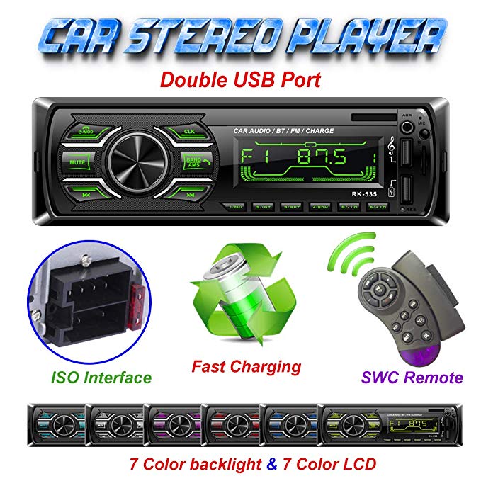 TekHome Car Stereo with USB and Bluetooth, Car Radio Bluetooth, Car MP3 Player with SD Port, Single Din Car Head Unit Hands-free Calling, Remote Control, 2 USB, Fast Charging, 7 LED Colours.