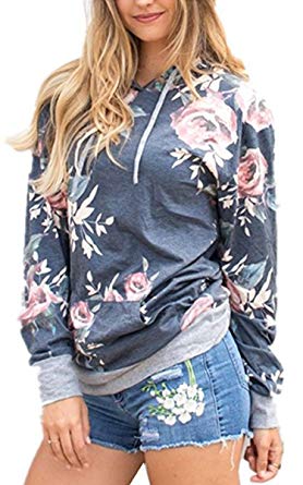 Angashion Women Hoodies-Tops- Floral Printed Long Sleeve Pocket Drawstring Sweatshirt with Pocket