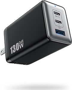 130W USB C Wall Charger,GaN III 3-Port Fast Charging Station,PD QC Foldable Charger Block Portable 65W USB C Laptop Adapter for MacBook Pro/Air,iPad Pro,Galaxy S23,Dell XPS 13,iPhone 15/Pro etc-Black