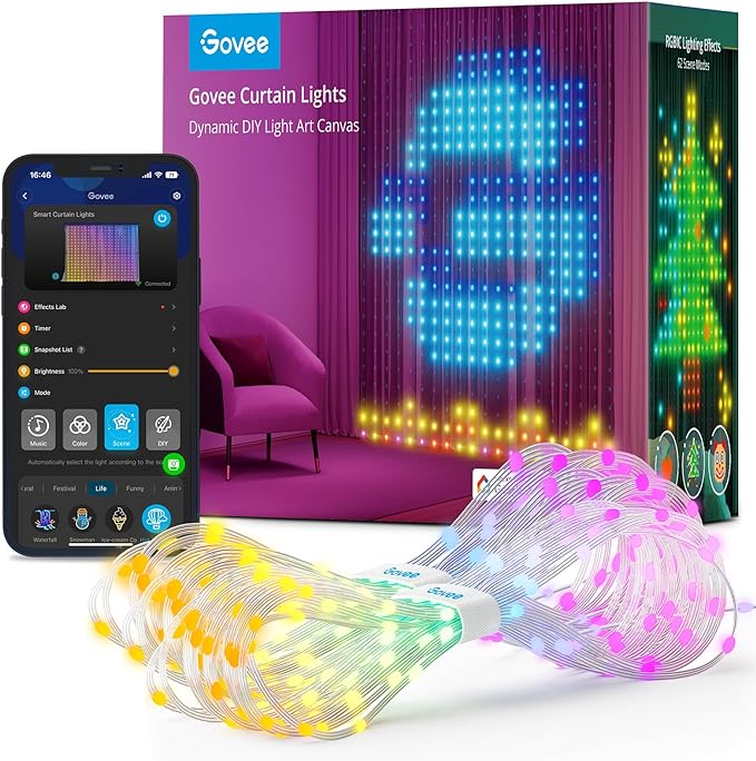 Govee Curtain Lights, 520 RGBIC LEDs Christmas Lights, Smart WiFi LED Curtain Lights Outdoor, Dynamic DIY Lights, IP65 Waterproof, Colour Changing Curtain String Lights for Backdrop Bedroom (1.5×2m)