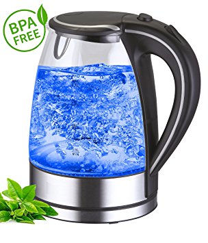 Glass stainless steel kettle exclusive 1.7L 360 ° cordless blue LED interior lighting Stainless steel Glass Design Cordless