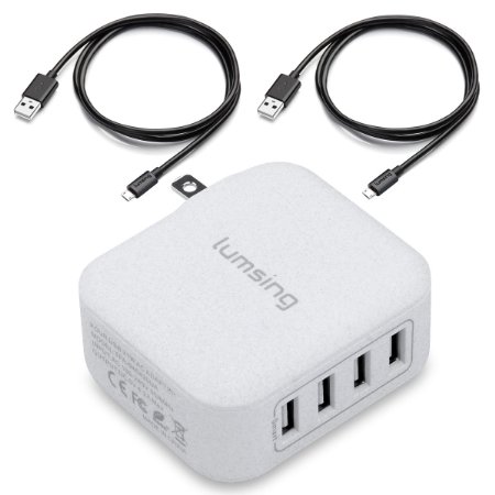 Lumsing USB 5V 4.2A 4 Ports Wall Charger For Iphone Ipad HTC LG Motorola Samsung Smartphones Tablets and 2 Micro USB Android Cables For Android Phone (White)