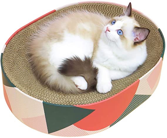 MSBC Cat Scratcher Carboard Bed Lounge Couch for Indoor Cats Oval Shape 17"x13", Kitty Cat Scratching Pad Recycle Corrugate Scratcher Long Lasting Furniture