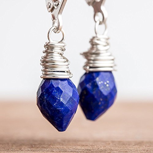 Wire Wrapped Blue Lapis Lazuli Gemstone Earrings in Sterling Silver