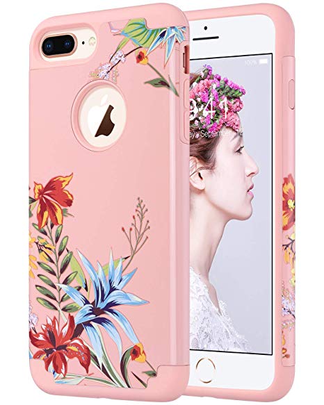 ULAK Protective Case for iPhone 7 Plus,iPhone 8 Plus case, Slim Fit Dual Layer Soft Rubber Silicone Hard Back Cover Anti Scratch Floral Phone Case for iPhone 7 Plus/ 8Plus (Pink Tropical Flower)