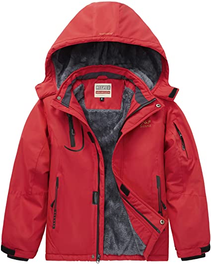 WULFUL Boy's Waterproof Ski Jacket Warm Fleece Hooded Windproof Winter Snow Coat