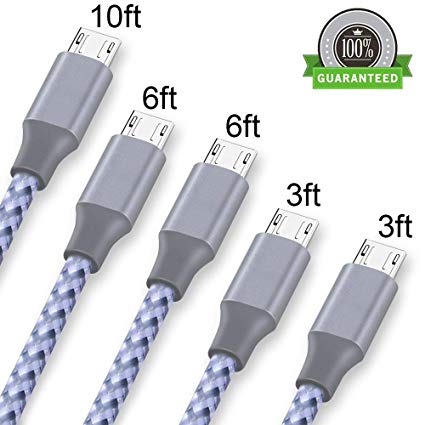 Micro USB Cable,5Pack 2X3FT 2X6FT 10FT Long Premium Nylon Braided Android Charger USB to Micro USB Charging Cable Samsung Charger Cord for Samsung Galaxy S7 Edge/S7/S6/S4/S3,Note 5/4/3-Grey