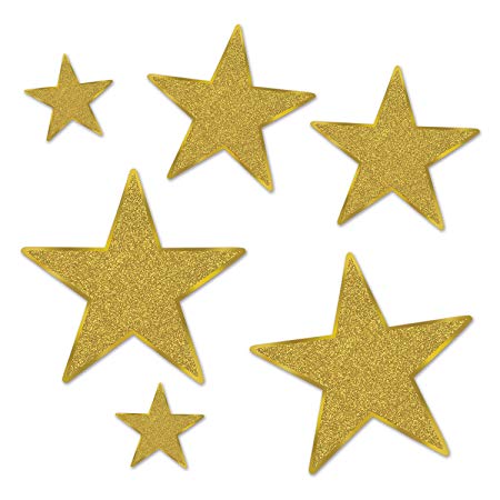 Beistle 57857-GD Glittered Foil Star Cutouts (6 Pack), Assorted Sizes, Gold
