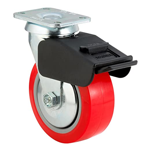 E.R. Wagner Plate Caster, Swivel with Total-Lock Brake, Thread Guard, Polyurethane on Polyolefin Wheel, Roller Bearing, 650 lbs Capacity, 5" Wheel Dia, 2" Wheel Width, 6-1/2" Mount Height, 3-3/4" Plate Length, 2-3/4" Plate Width