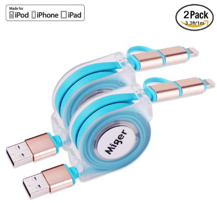 Miger Apple Certified 2Pack Retractable Charge and Sync 2-in-1 Cable with Lightning and Micro USB Connectors for iPhone iPad iPod Touch 5 Nano 7 on iOS9 Samsung HTC and More - 33 Feet1 Meters