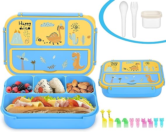 Sunhanny Lunch Box Kids, Bento Lunch Box for Kids Girls Boys for School, Lunch Containers for Adults Kids with 4 Compartments, Sauce Container, Utensils, Food Picks and Muffin Cups, Blue Dinosaur