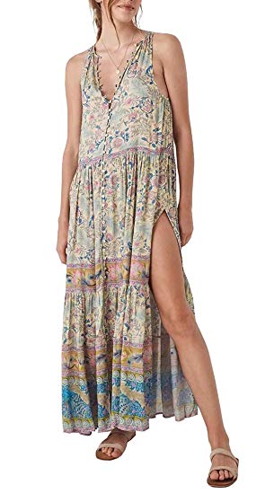 R.Vivimos Women Summer Sleeveless Floral Print Button Up Bohemian Flowy Maxi Dresses