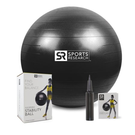 Exercise Stability Ball with Bonus Hand Pump. Anti Burst Professional Quality Balance Ball Tested up to 2000 lbs of Static Weight. 1 Year Warranty