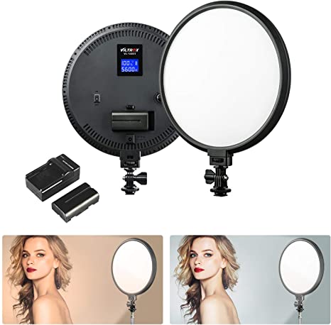 10 inches Round Bi-Color LED Video Light Panel, Dimmable LED Camera Light Lamp with Battery, Charger, 5600K~3300K, CRI 95 and LCD Display Screen for DSLR Camcorders Photo Studio Photography