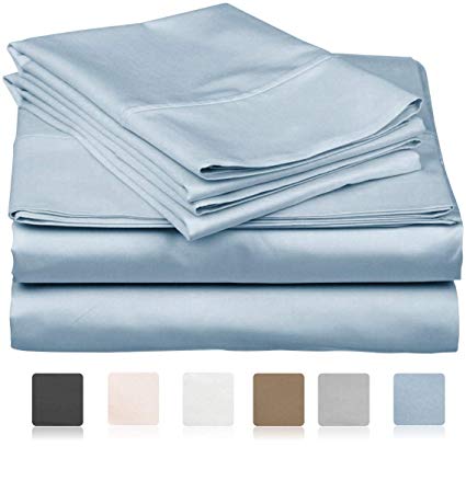 600 Thread Count 100% Long Staple Soft Egyptian Cotton SheetSet, 4 Piece Set, QUEEN SHEETS,upto 17" Deep Pocket, Smooth & Soft Sateen Weave, Deep Pocket, Luxury Hotel Collection Bedding, SKY BLUE